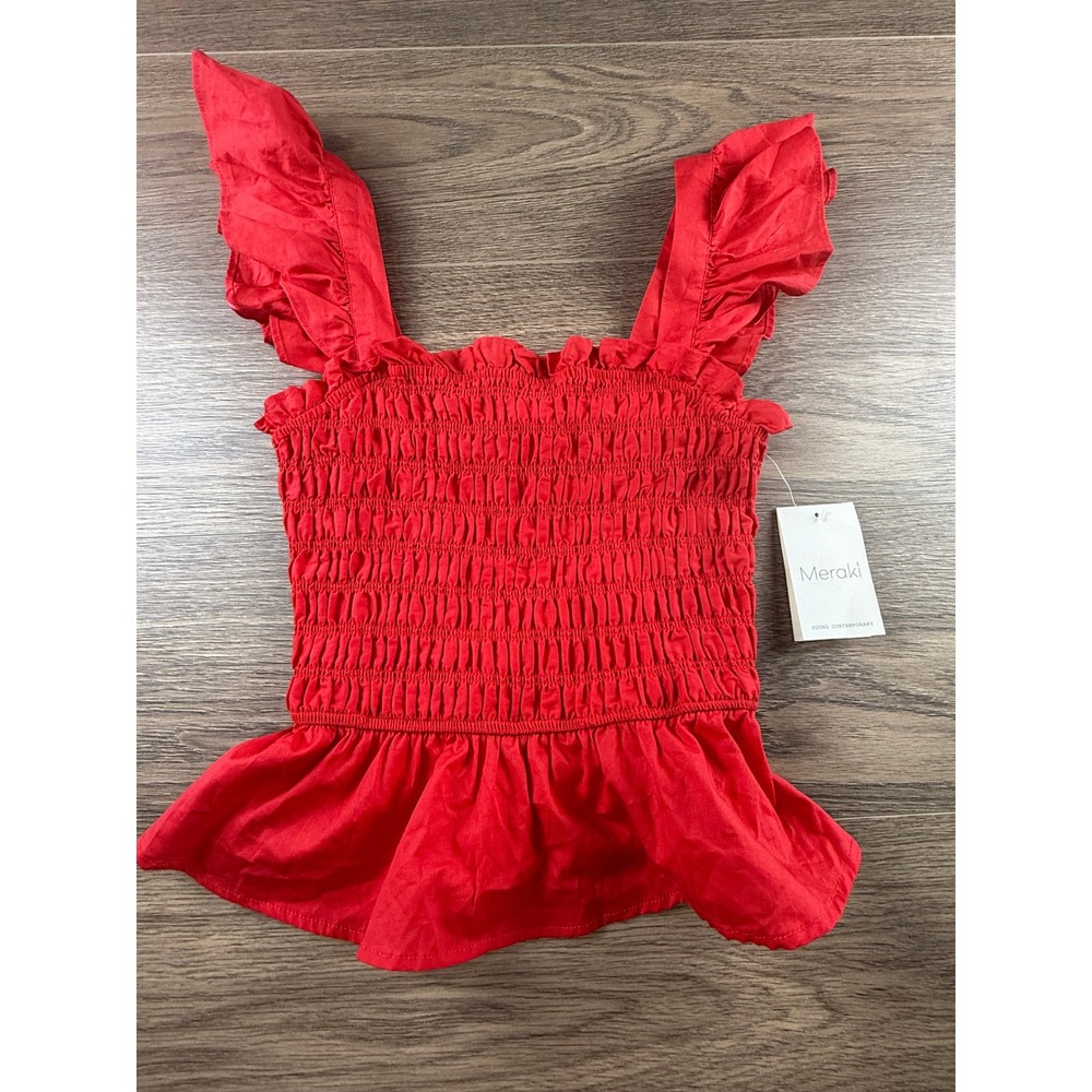 Meraki Red Smocked Peplum Top Ruffle Straps Women's M NWT Party BBQ Summer 4th